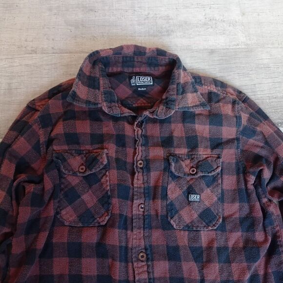Loser Machine Company Flannel shirt Long Sleeve Mens M Red Black Plaid Checker - Picture 3 of 7